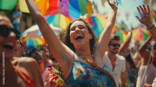 Joyful celebration with people showcasing enthusiastic body language in a lively outdoor festival