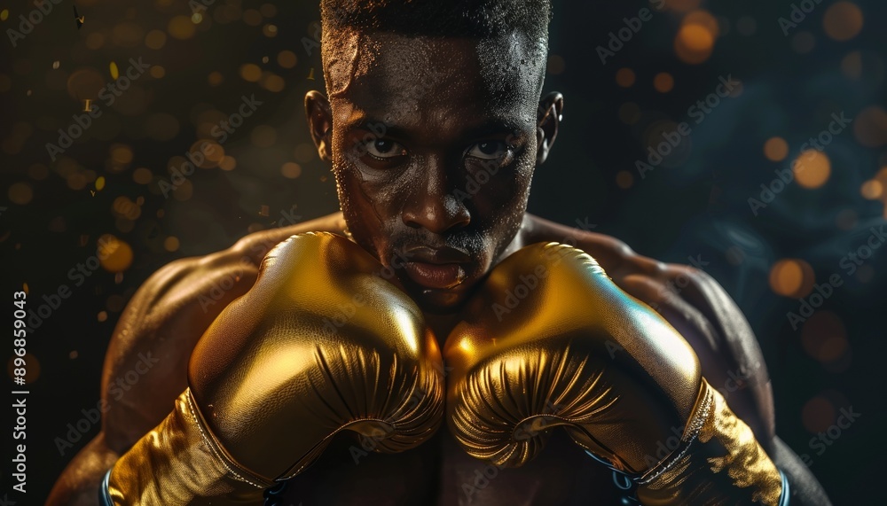Professional Boxer Ready for Bout with Golden Gloves and Attire, Focused and Determined Professional Boxer Ready for Bout with Golden Gloves and Attire, Focused and Determined