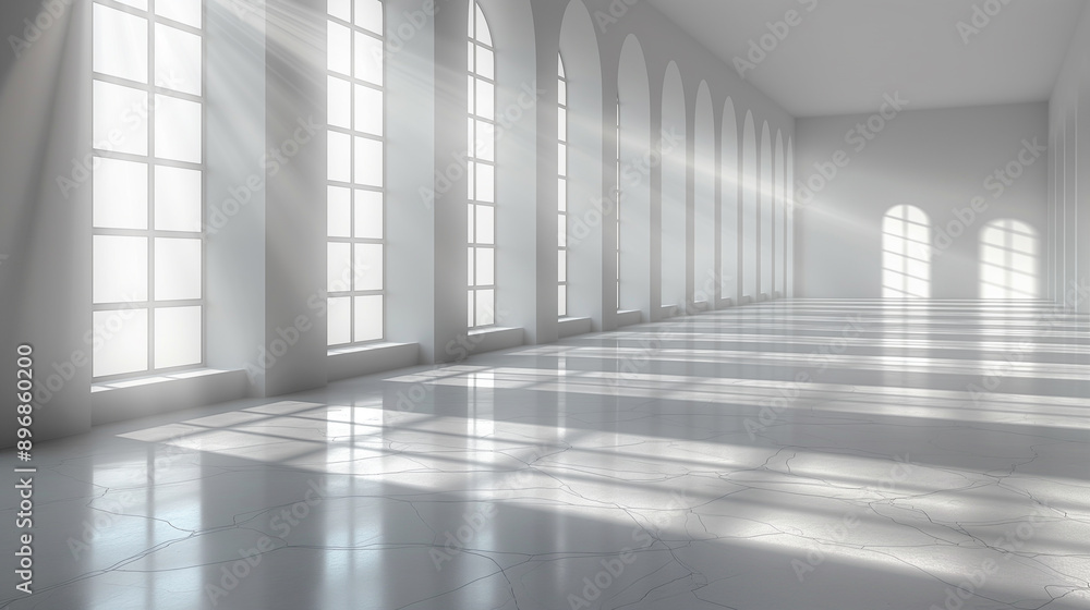 Fototapeta premium A blank white wall has sunlight reflecting from the window onto the smooth floor.