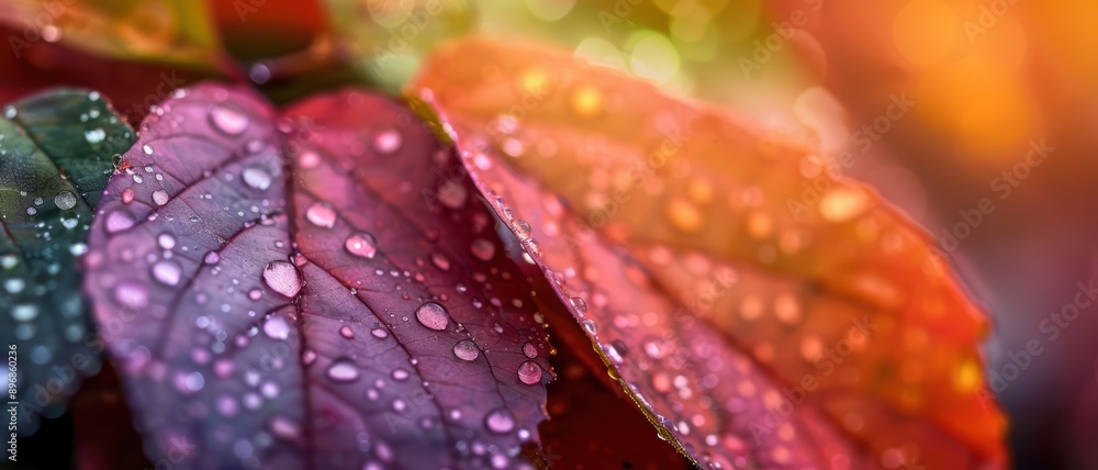 Vibrant Autumn Leaves with Dew Drops in Close-Up, Capturing the Beauty of Nature in a Colorful and Serene Setting Vibrant Autumn Leaves with Dew Drops in Close-Up, Capturing the Beauty of Nature in a Colorful and Serene Setting