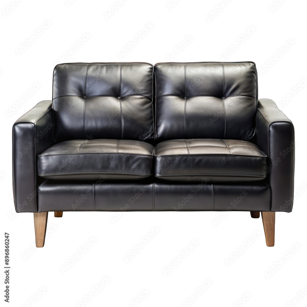 Fototapeta premium A black leather two-seater sofa isolated on transparent background