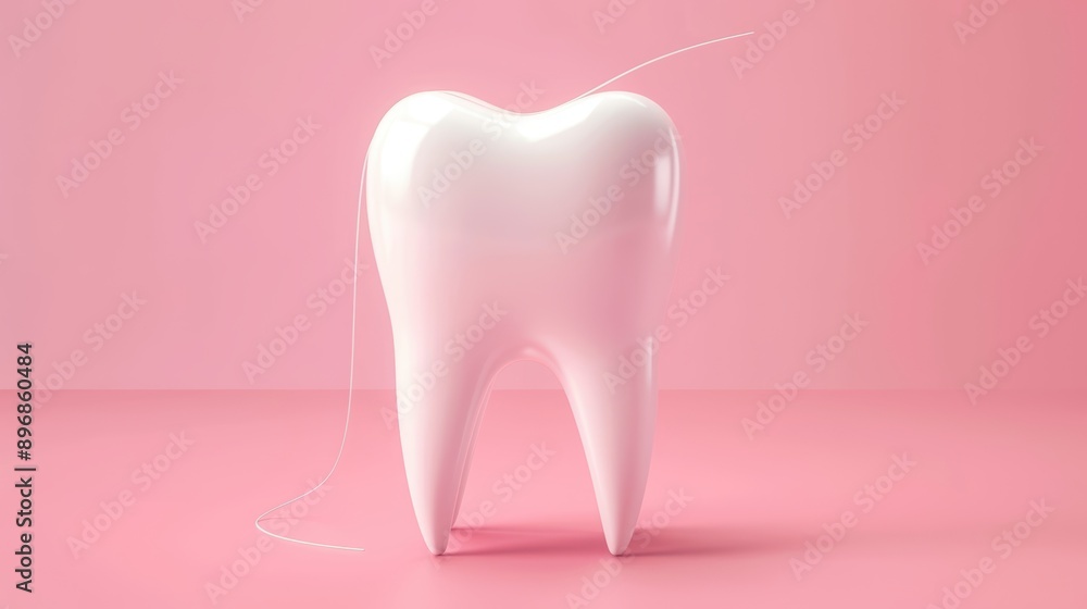 Shiny White Tooth with Dental Floss on Pink Background - Oral Hygiene and Dental Care Concept Shiny White Tooth with Dental Floss on Pink Background - Oral Hygiene and Dental Care Concept