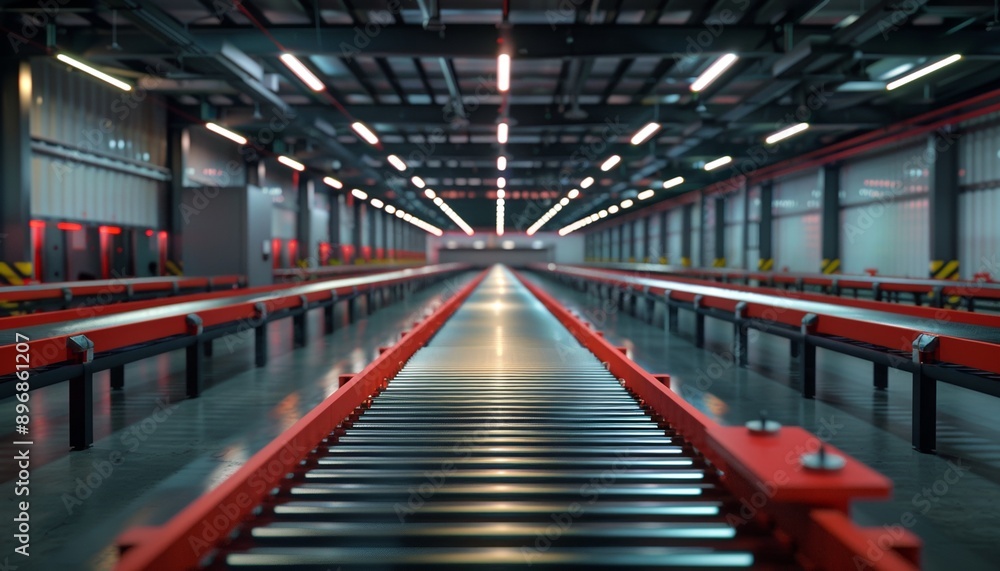 Fototapeta premium Automated Conveyor System in Industrial Warehouse, Efficient and Modern