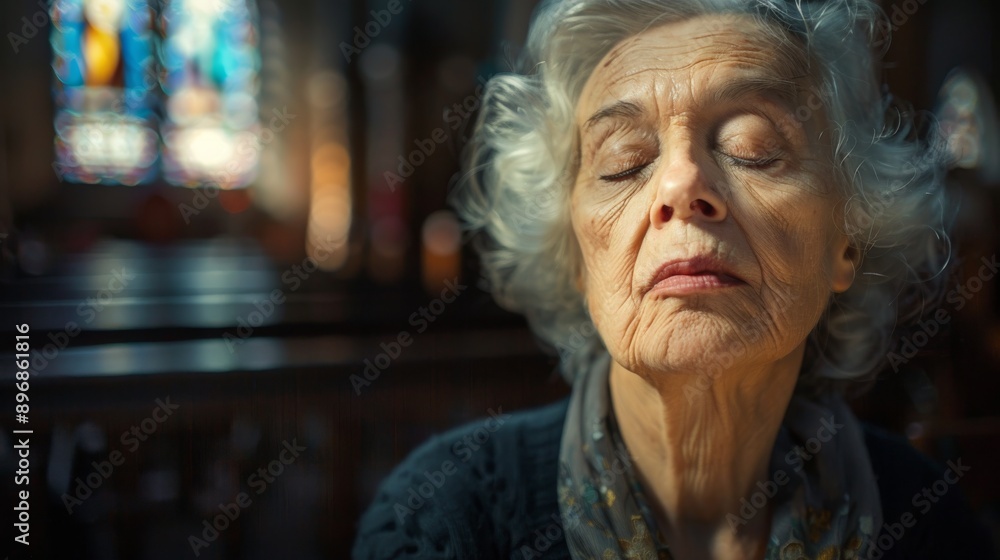 Elderly Woman Praying in a Nearly Empty Church with Shallow Depth of Field, Focus on the Woman, Reflective and Serene Atmosphere Elderly Woman Praying in a Nearly Empty Church with Shallow Depth of Field, Focus on the Woman, Reflective and Serene Atmosphere