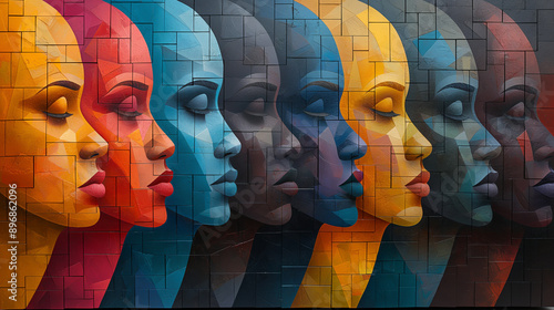 A colorful graphic artwork on a wall with a pattern, symbols of human faces. photo