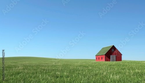 Solitary Barn in Vast Green Field Under Clear Blue Sky