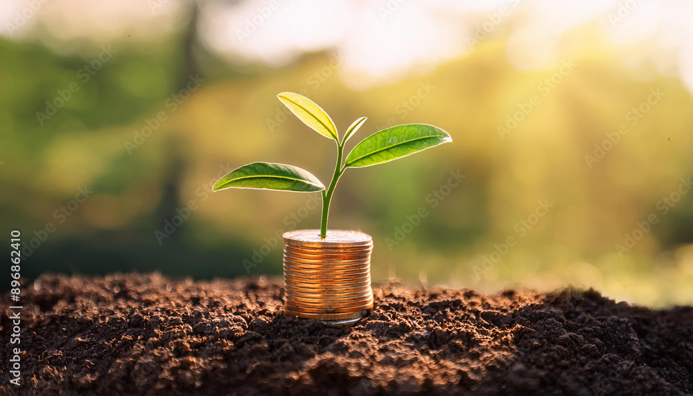 A young plant growing on a coin on the ground illustrates the idea of green investments and financial growth A young plant growing on a coin on the ground illustrates the idea of green investments and financial growth