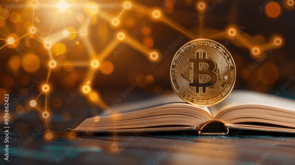 Open book with a Bitcoin coin resting on top, symbolizing the concept of cryptocurrency knowledge and blockchain technology. Open book with a Bitcoin coin resting on top, symbolizing the concept of cryptocurrency knowledge and blockchain technology.