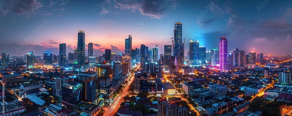 Fototapeta premium High angle view of downtown cityscape at night, illuminated by vibrant neon lights, skyscrapers glowing, modern architecture, HDR photography, urban nightlife