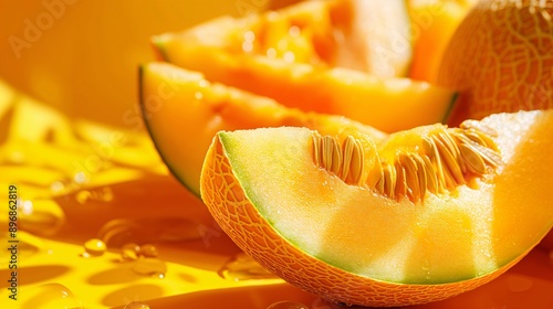 Golden melons, sliced open, vibrant orange flesh photo