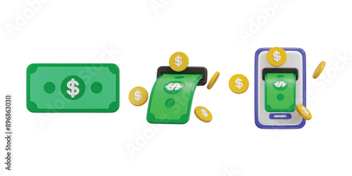 Dollar cash withdraw icon with golden coin icon 3d rendering vector illustration set