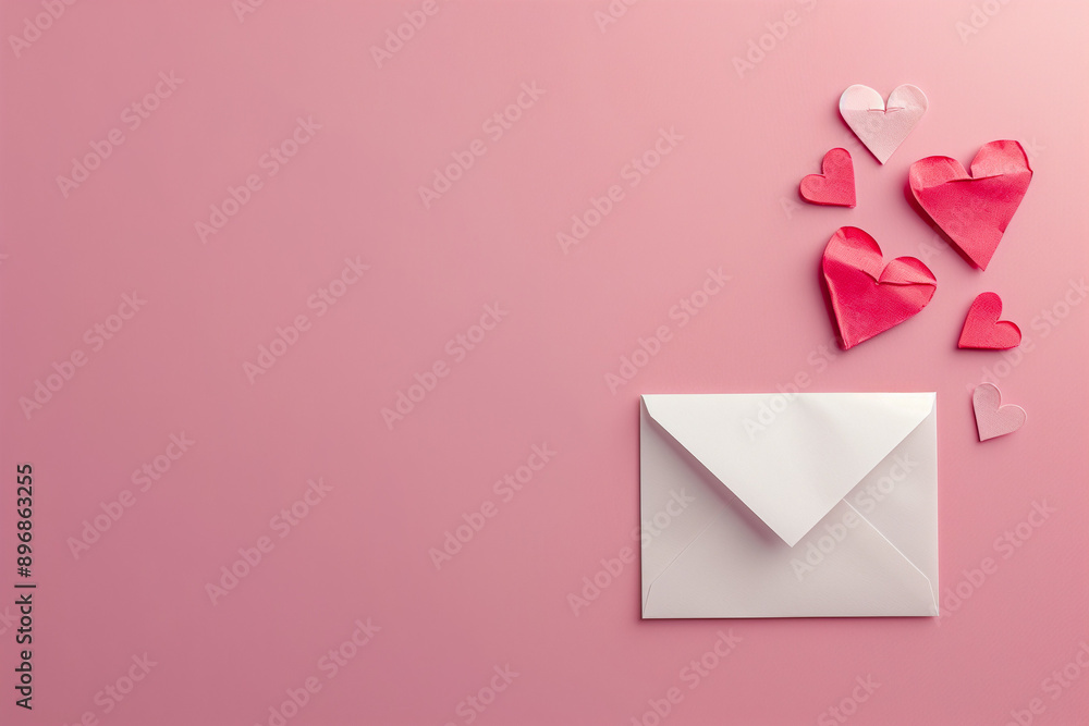 love letter envelope with paper craft hearts - flat lay on pink valentines or anniversary background with copy space love letter envelope with paper craft hearts - flat lay on pink valentines or anniversary background with copy space