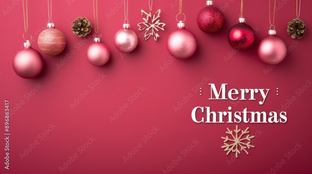 Festive Christmas decorations with ornaments and snowflakes on a red background. Text reads 'Merry Christmas'. Festive Christmas decorations with ornaments and snowflakes on a red background. Text reads 'Merry Christmas'.
