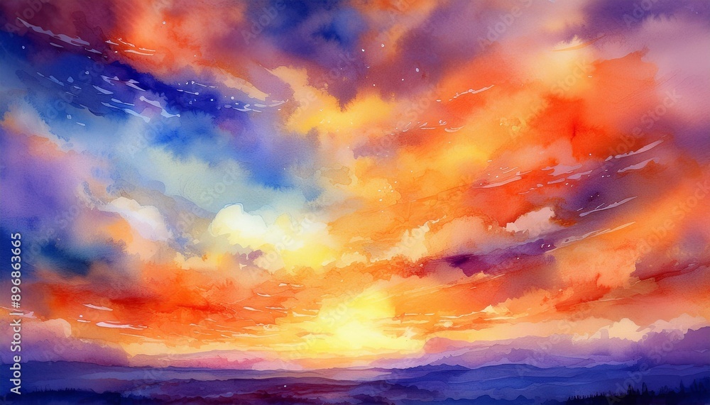 Obraz premium sky orange at sunset in watercolor effect with beautiful colorful storm clouds