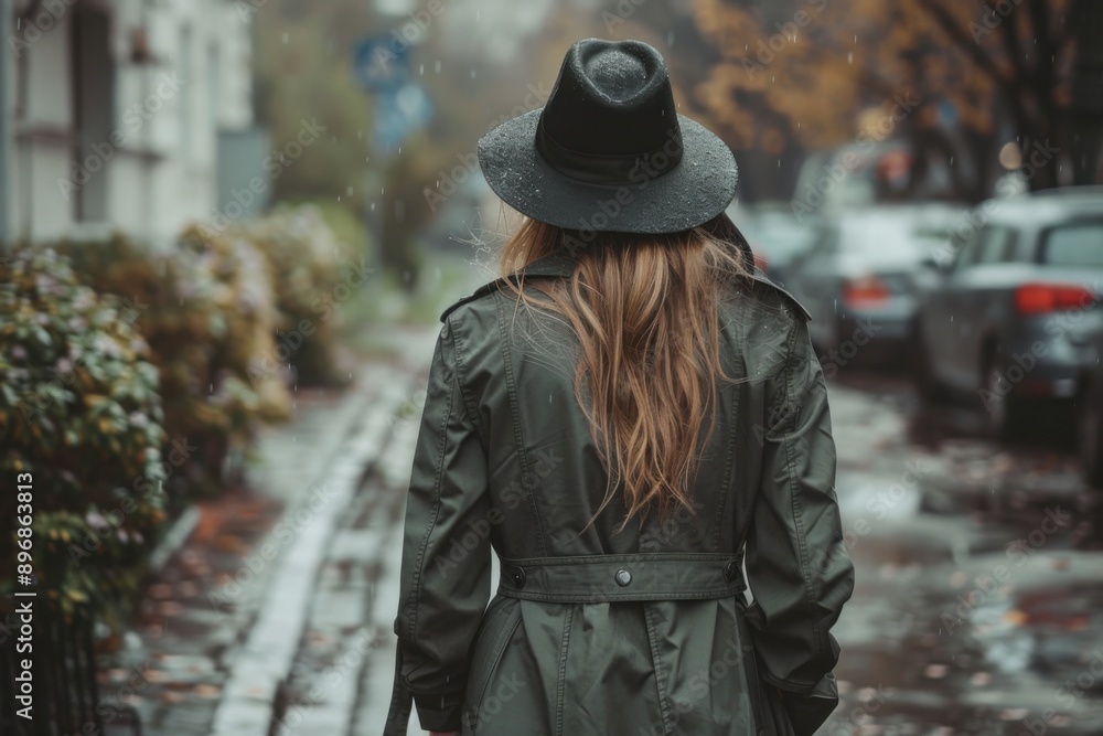 Back view of woman in hat and coat walking on rainy street Back view of woman in hat and coat walking on rainy street