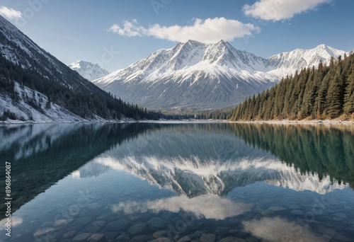  A serene lake reflecting a snow-capped mountain range. 