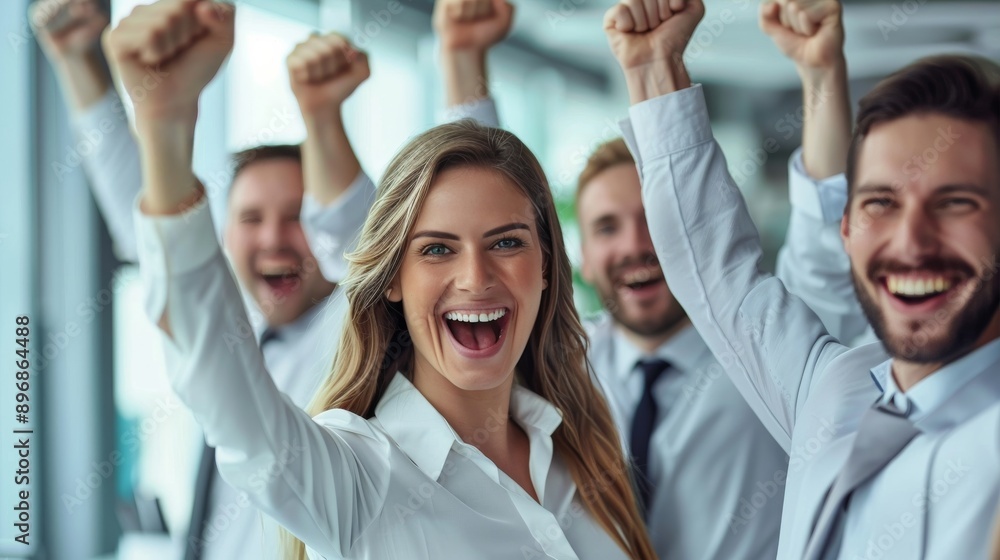 Obraz premium a Business Team Celebrating Success in a Clean Office Background, Joyful and Professional Atmosphere
