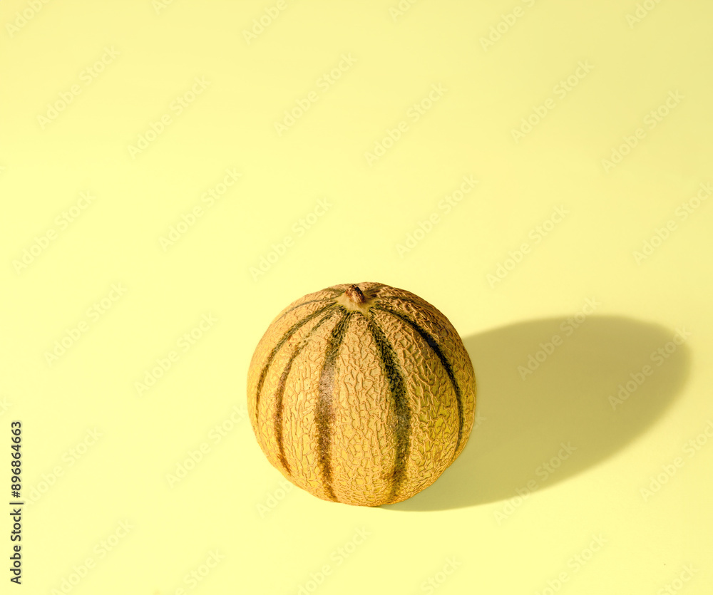Single Melon casting shadow on yellow background, minimal summer fruits concept Single Melon casting shadow on yellow background, minimal summer fruits concept