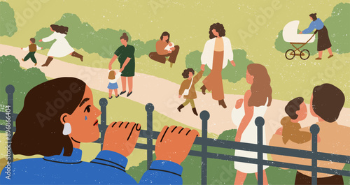 Childless woman watching mothers walking with children. Lonely upset female looking, seeing moms and kids, babies. Dreaming of motherhood, feeling sad. Infertility concept. Flat vector illustration