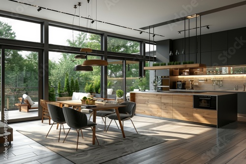 black modern kitchen and dining room in a house with a beautiful view