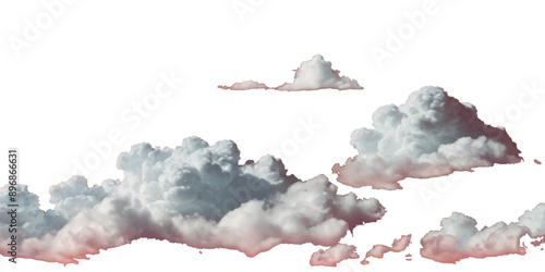 Set of vector clouds or smoke on an isolated transparent background. Vector realistic white soft cutout clean cumulus cloudscape cut out specials fog on transparent background.