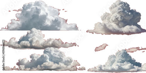 Set of vector clouds or smoke on an isolated transparent background. Vector realistic white soft cutout clean cumulus cloudscape cut out specials fog on transparent background.