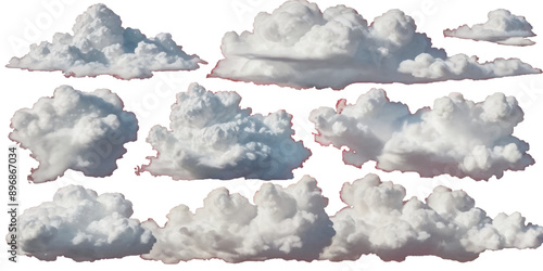 Set of vector clouds or smoke on an isolated transparent background. Vector realistic white soft cutout clean cumulus cloudscape cut out specials fog on transparent background.