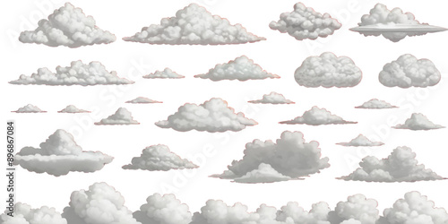 Set of vector clouds or smoke on an isolated transparent background. Vector realistic white soft cutout clean cumulus cloudscape cut out specials fog on transparent background.