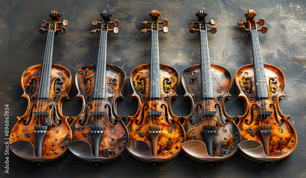 Set of old brown Violin arranged in rows on white background, diagonal ...