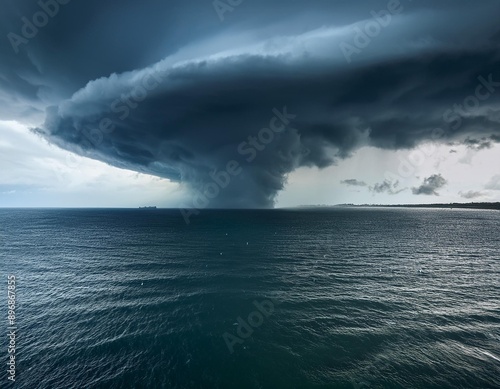 A large tornado is a violently rotating column of air that extends from a thunderstorm to the ground. It is often preceded by a dark, greenish sky. Black storm clouds gather, with small thunder.