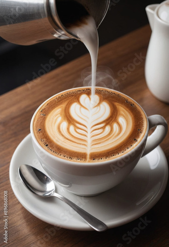  A close-up of a steaming cup of coffee with latte art. 