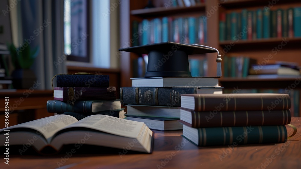 on the table are books and a graduation cap on the table are books and a graduation cap