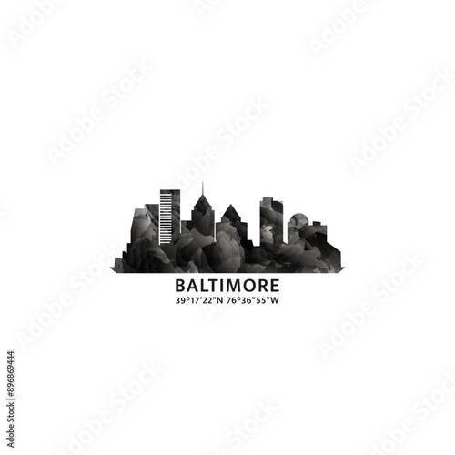 Baltimore panorama, vector badge, skyline logo and icon. USA, Maryland state city horizon logotype with landmarks and building silhouettes. Isolated foggy abstract gradient graphic
