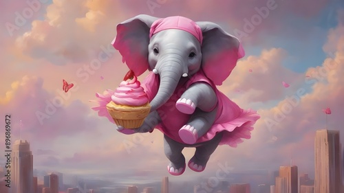 elephant flying in the sky wearing pink frok photo