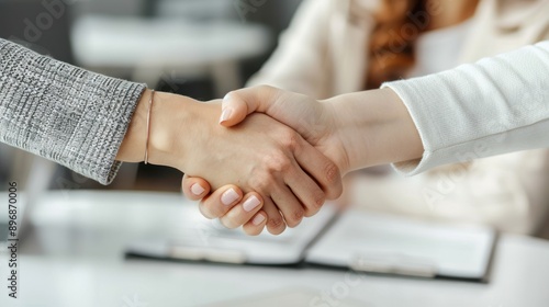 Two businesswomen shaking hands on the table