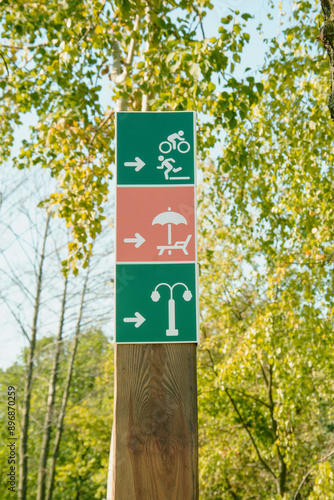 Signpost, park, walk, sports ground, path, signs, guide, recreation, summer, spring, trees, introductory information