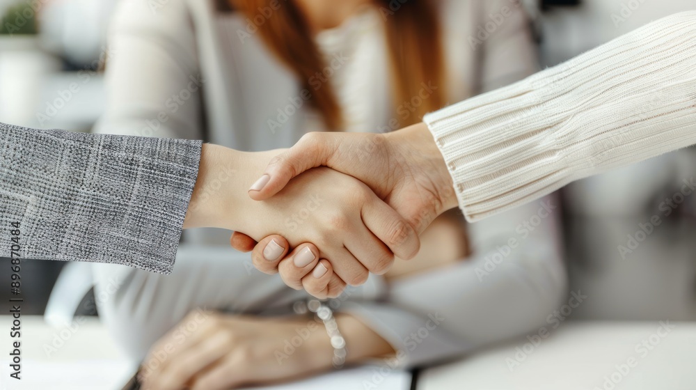 Fototapeta premium Two businesswomen shaking hands on the table