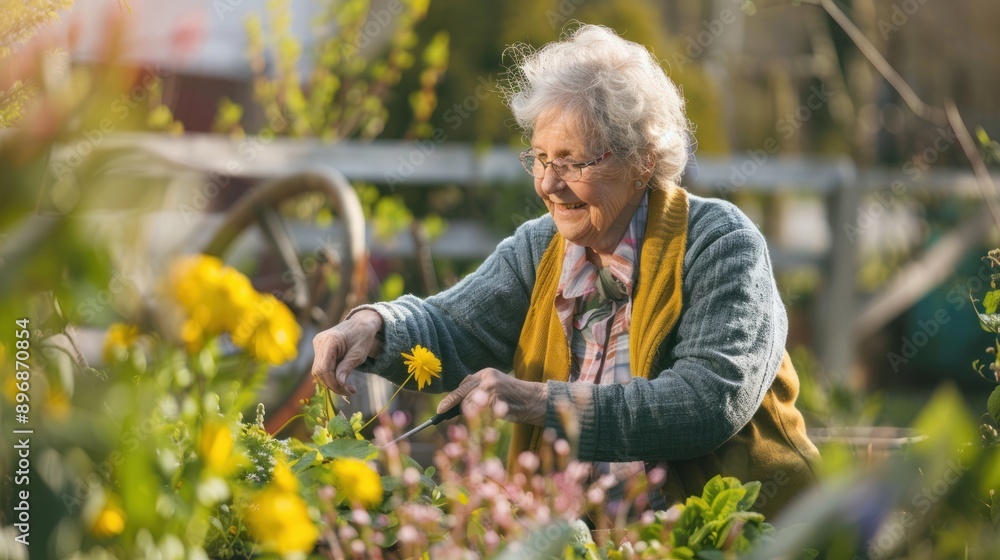 Smiling Senior Woman Tending to a Flower Garden Smiling Senior Woman Tending to a Flower Garden