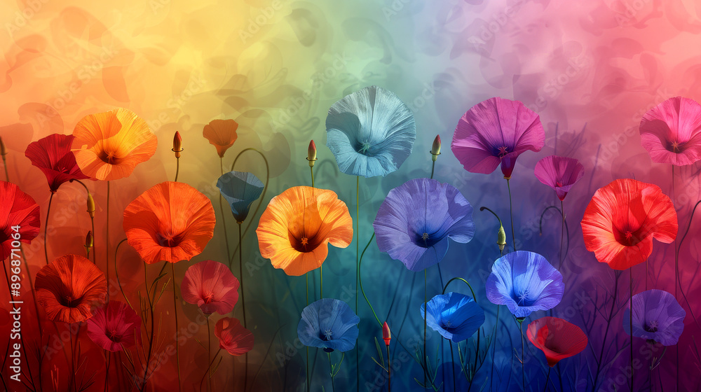 Vibrant field of colorful poppies is growing in front of an abstract rainbow background Vibrant field of colorful poppies is growing in front of an abstract rainbow background