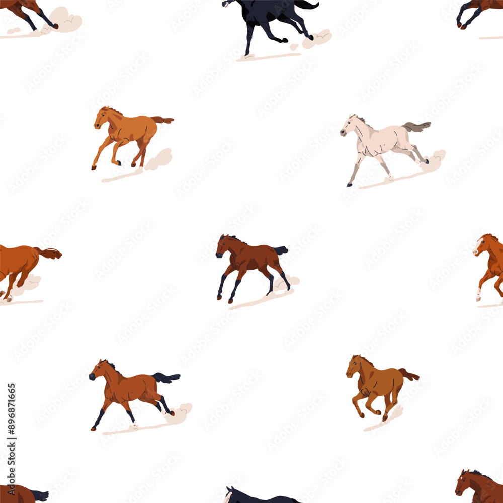 Galloping horses, seamless equine pattern. Endless background, texture design with running rushing tiny stallions. Repeating animal print for fabric, textile, wrapping. Flat vector illustration Galloping horses, seamless equine pattern. Endless background, texture design with running rushing tiny stallions. Repeating animal print for fabric, textile, wrapping. Flat vector illustration