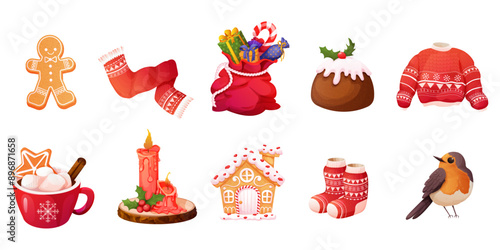 Set Traditional Pudding, Christmas cake, gingerbread cookies, cup with hot chocolate,winter dessert, pastry with cream, candle, garland winter sweater