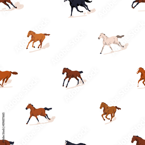 Galloping horses, seamless equine pattern. Endless background, texture design with running rushing tiny stallions. Repeating animal print for fabric, textile, wrapping. Flat vector illustration