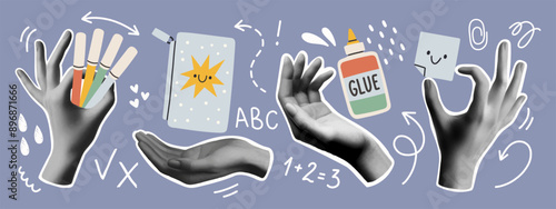 Back to school collage hands set. Trendy vector gesture signs. Modern forms for card, print on cloth. Halftone hands.