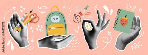 Back to school collage hands set. Trendy vector gesture signs. Modern forms for card, print on cloth. Halftone hands.