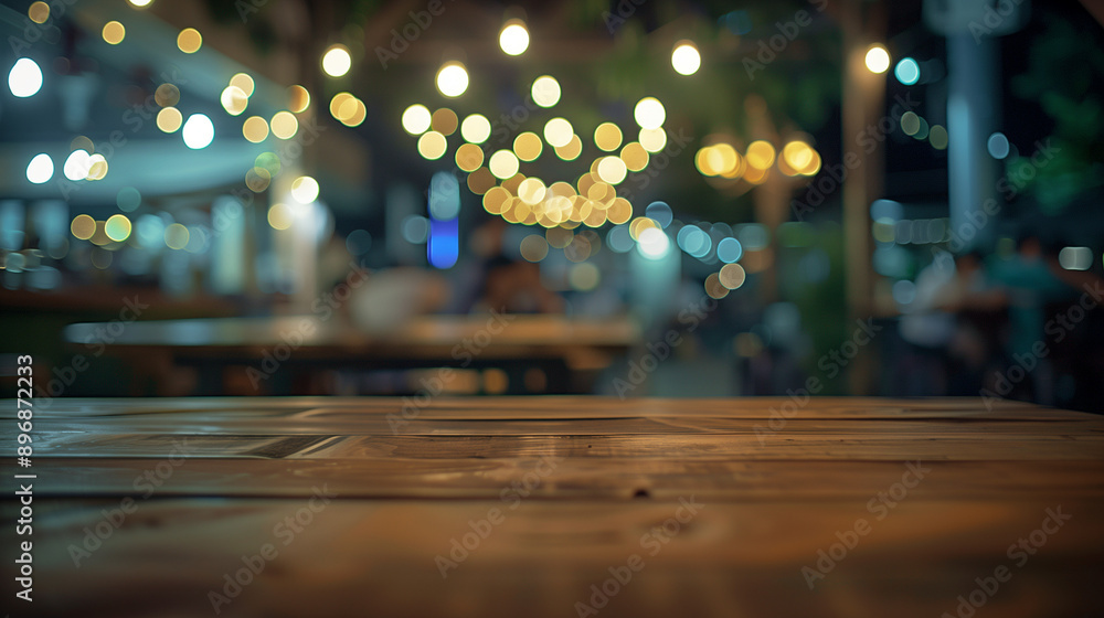 Empty wooden table top with a blurred bar background for product display Empty wooden table top with a blurred bar background for product display