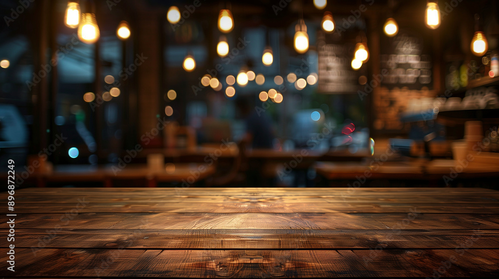 Empty wooden table top with a blurred bar background for product display