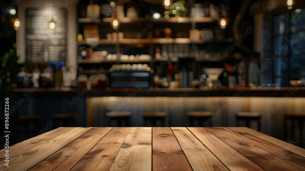 Empty wooden table top with a blurred bar background for product display Empty wooden table top with a blurred bar background for product display