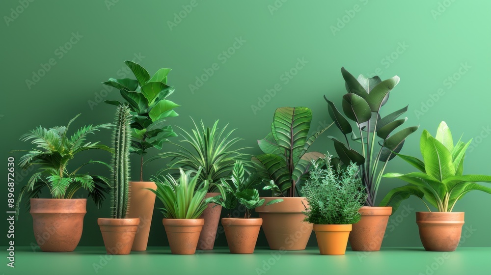 Obraz premium Green Plants in Pots Against a Green Wall