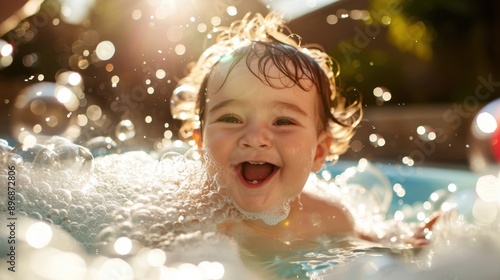 Laughing baby surrounded by bubbles in a sunlit bath © sknab