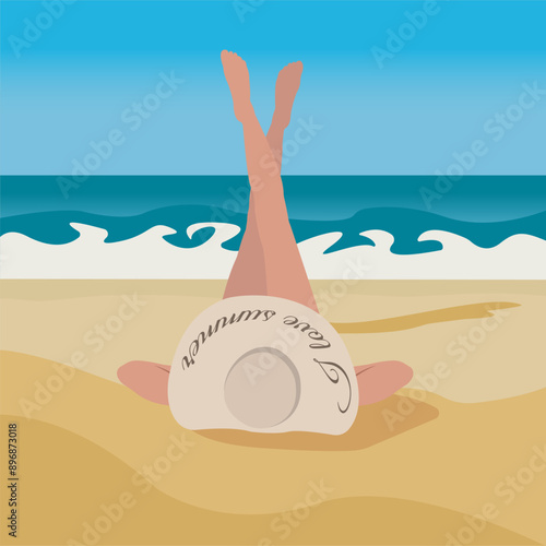 Girl sunbathing on the beach vector illustration. Sea and beach
